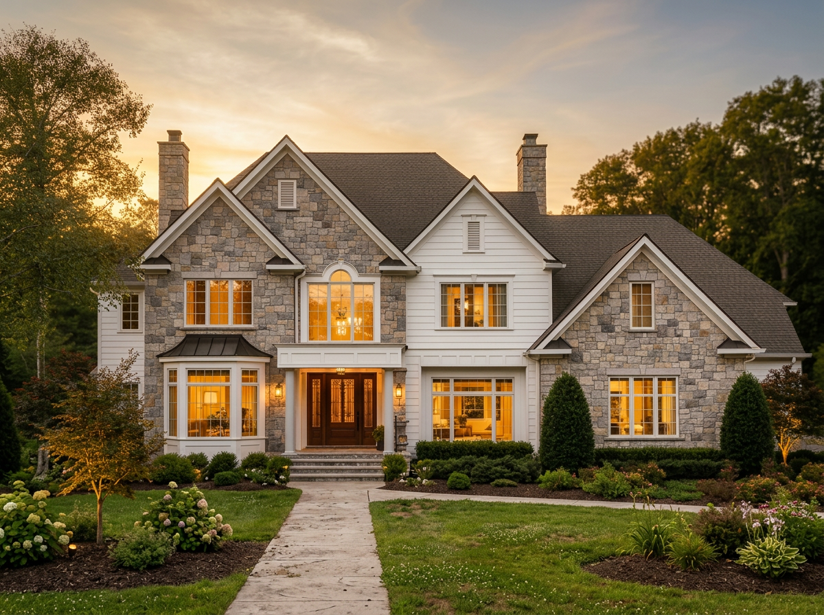 Stunning custom home exterior at golden hour in DuPage County, IL